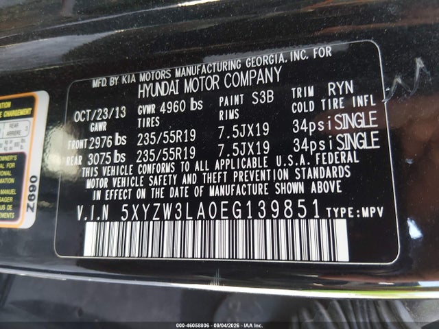 46058806 :رقم المزاد ، 5XYZW3LA0EG139851 vin ، 2014 Hyundai Santa Fe Sport 2.0l Turbo مزاد بيع