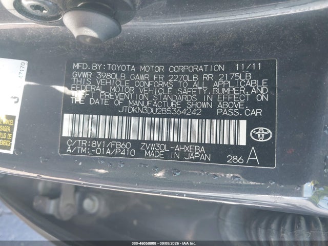 46058808 :رقم المزاد ، JTDKN3DU2B5364242 vin ، 2011 Toyota Prius Two مزاد بيع