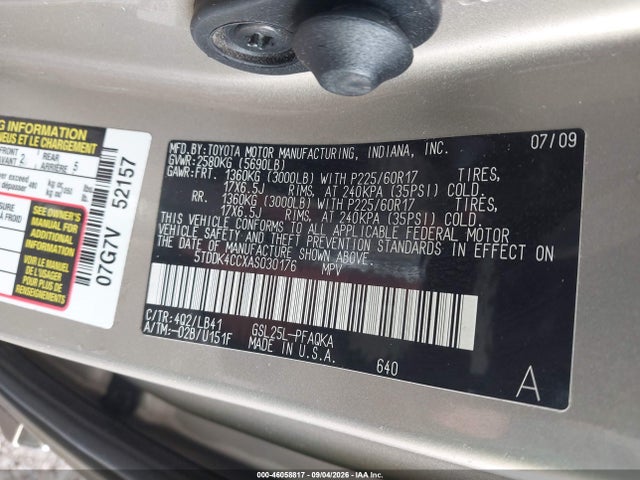 Aukcja sprzedaży 2010 Toyota Sienna Limited, vin: 5TDDK4CCXAS030176, numer aukcji: 46058817