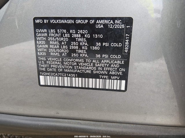 2026 Volkswagen Atlas Cross Sport Se With Technology მანქანა იყიდება აუქციონზე, vin: 1V2HC2CA7TC214351, აუქციონის ნომერი: 46058818