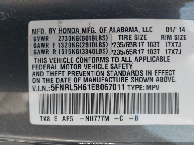 Honda Odyssey Ex-l 2014 5FNRL5H61EB067011 Image 9