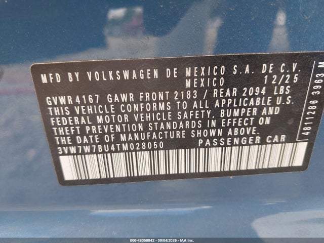 2026 Volkswagen Jetta Se მანქანა იყიდება აუქციონზე, vin: 3VW7W7BU4TM028050, აუქციონის ნომერი: 46058842