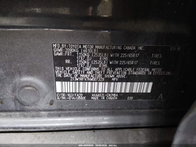 2019 Toyota Rav4 Xle მანქანა იყიდება აუქციონზე, vin: 2T3W1RFV7KW007329, აუქციონის ნომერი: 46058859