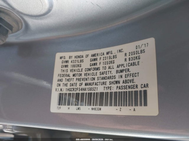 46058866 :رقم المزاد ، 1HGCR2F54HA156521 vin ، 2017 Honda Accord Sport مزاد بيع