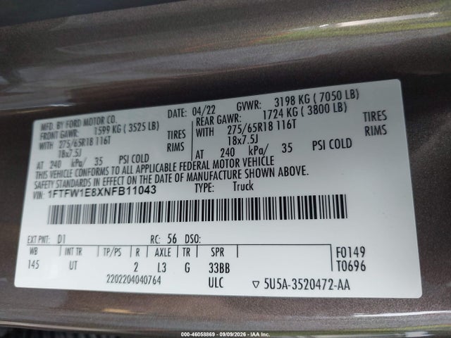 Aukcja sprzedaży 2022 Ford F-150 Xlt, vin: 1FTFW1E8XNFB11043, numer aukcji: 46058869