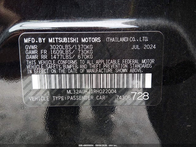 Aukcja sprzedaży 2024 Mitsubishi Mirage Es/le, vin: ML32AUHJ1RH022004, numer aukcji: 46058884
