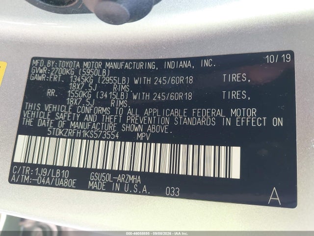 Продажа на аукционе авто 2019 Toyota Highlander Xle, vin: 5TDKZRFH1KS573554, номер лота: 46058895
