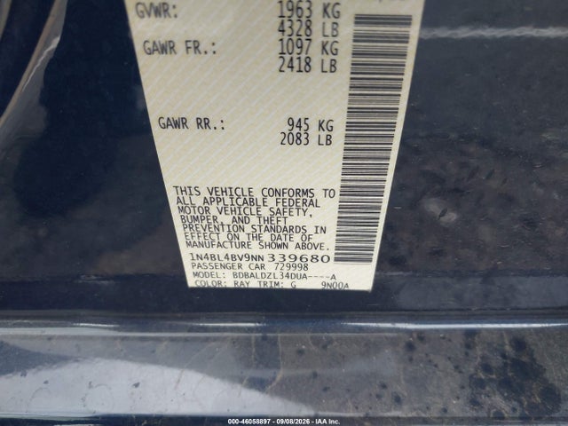46058897 :رقم المزاد ، 1N4BL4BV9NN339680 vin ، 2022 Nissan Altima S Fwd مزاد بيع