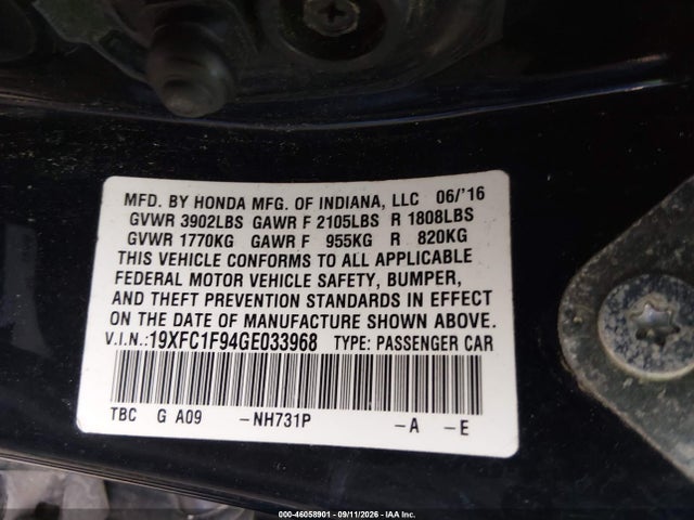 Aukcja sprzedaży 2016 Honda Civic Touring, vin: 19XFC1F94GE033968, numer aukcji: 46058901