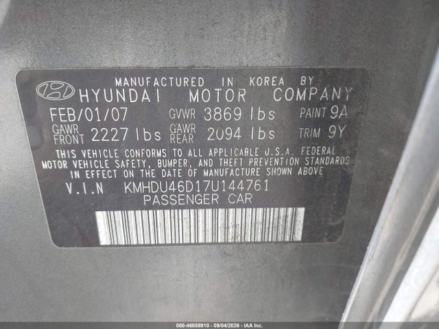 46058910 :رقم المزاد ، KMHDU46D17U144761 vin ، 2007 Hyundai Elantra Gls/limited/se مزاد بيع