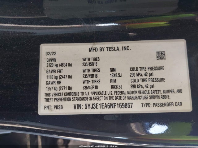 Tesla Model 3 Rear-wheel Drive 2022 5YJ3E1EA6NF169857 Image 9