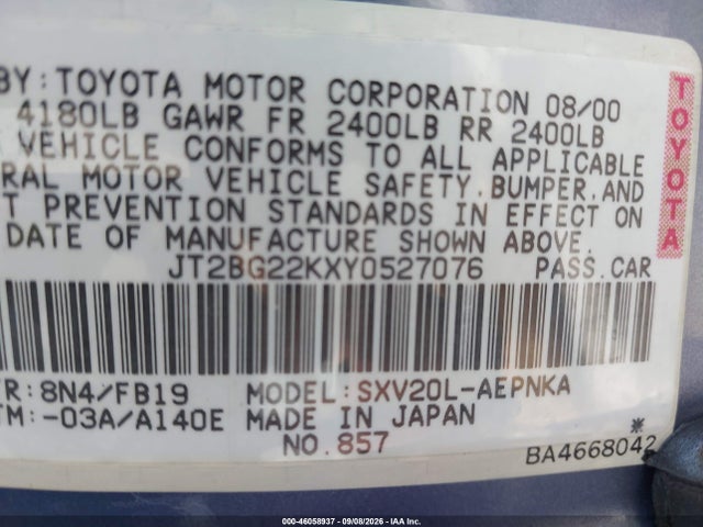 46058937 :رقم المزاد ، JT2BG22KXY0527076 vin ، 2000 Toyota Camry Le مزاد بيع