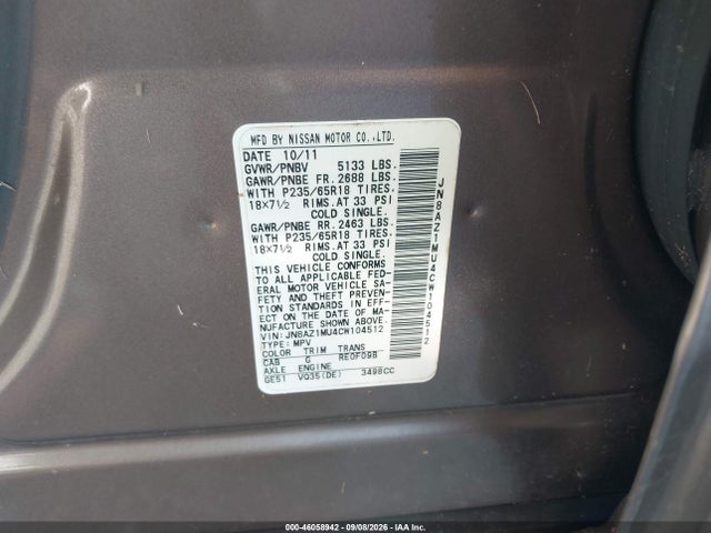 Продаж на аукціоні авто 2012 Nissan Murano Sl, vin: JN8AZ1MU4CW104512, номер лоту: 46058942