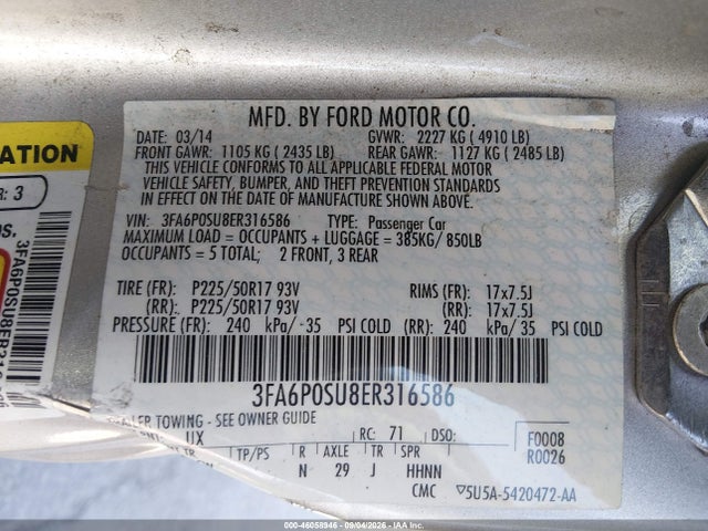 2014 Ford Fusion Energi Titanium მანქანა იყიდება აუქციონზე, vin: 3FA6P0SU8ER316586, აუქციონის ნომერი: 46058946