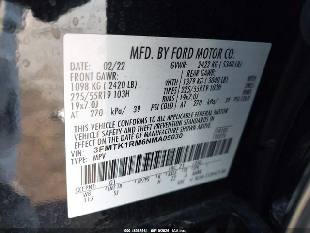 Продажа на аукционе авто 2022 Ford Mustang Mach-e Select, vin: 3FMTK1RM6NMA05030, номер лота: 46058961