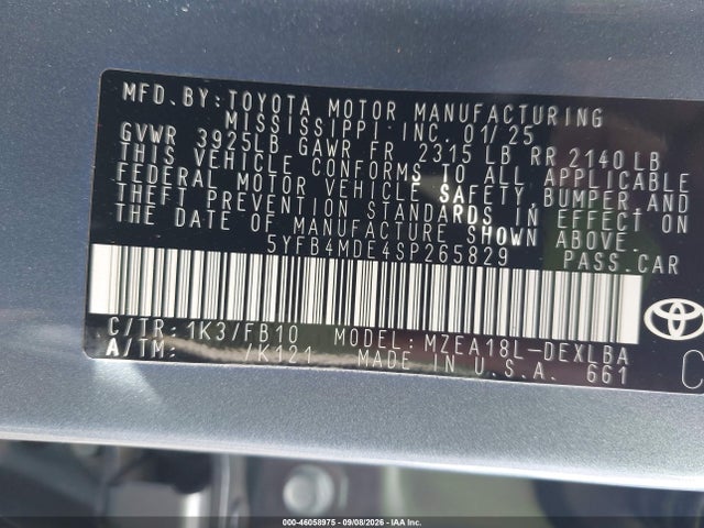 46058975 :رقم المزاد ، 5YFB4MDE4SP265829 vin ، 2025 Toyota Corolla Le مزاد بيع