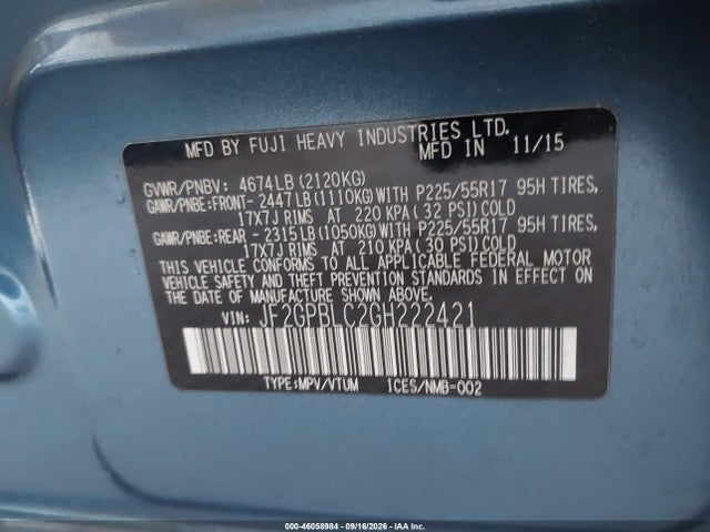 2016 Subaru Crosstrek Hybrid Touring მანქანა იყიდება აუქციონზე, vin: JF2GPBLC2GH222421, აუქციონის ნომერი: 46058984
