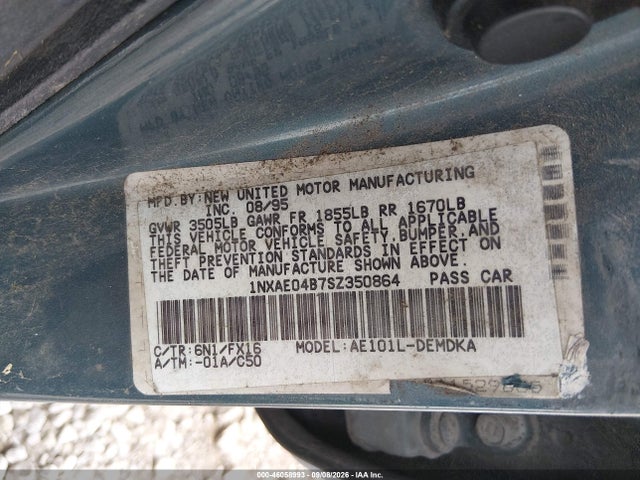 1995 Toyota Corolla მანქანა იყიდება აუქციონზე, vin: 1NXAE04B7SZ350864, აუქციონის ნომერი: 46058993