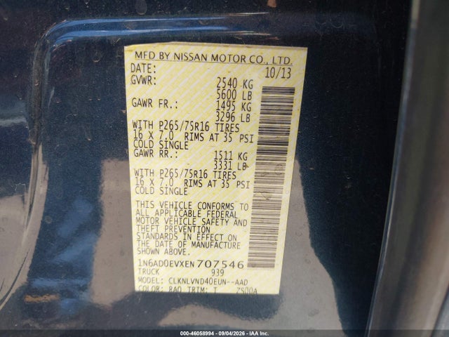 46058994 :رقم المزاد ، 1N6AD0EVXEN707546 vin ، 2014 Nissan Frontier Pro-4x مزاد بيع