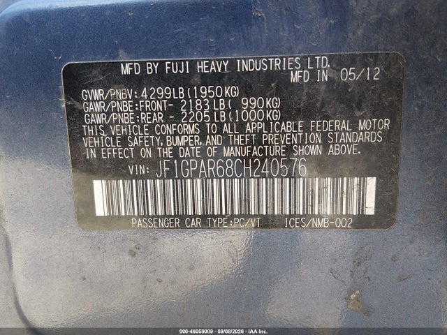 Aukcja sprzedaży 2012 Subaru Impreza 2.0i Sport Limited, vin: JF1GPAR68CH240576, numer aukcji: 46059009