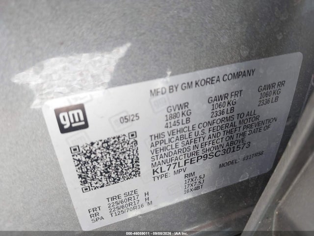 Aukcja sprzedaży 2025 Chevrolet Trax Fwd Ls, vin: KL77LFEP9SC301573, numer aukcji: 46059011