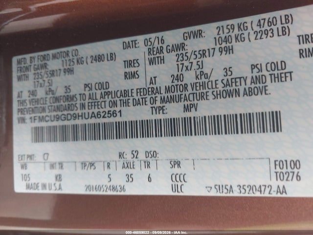 Продажа на аукционе авто 2017 Ford Escape Se, vin: 1FMCU9GD9HUA62561, номер лота: 46059022