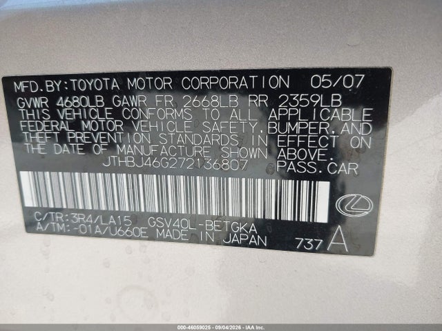 Aukcja sprzedaży 2007 Lexus Es 350, vin: JTHBJ46G272136807, numer aukcji: 46059025