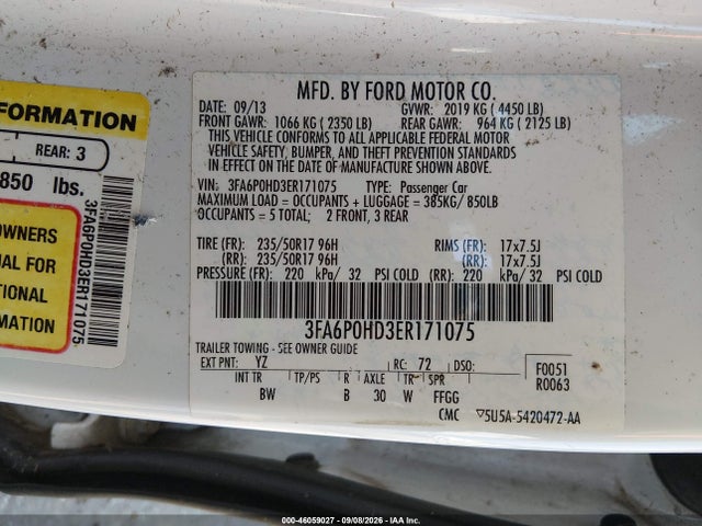 Продажа на аукционе авто 2014 Ford Fusion Se, vin: 3FA6P0HD3ER171075, номер лота: 46059027