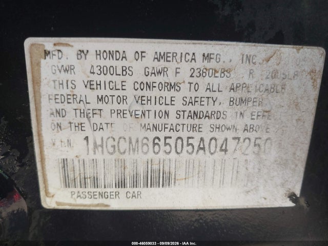46059033 :رقم المزاد ، 1HGCM66505A047250 vin ، 2005 Honda Accord 3.0 Ex مزاد بيع