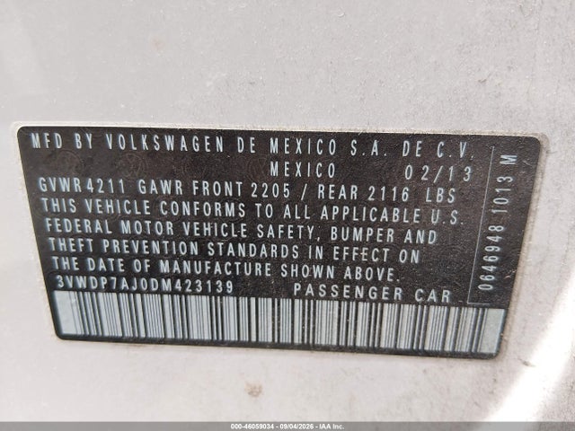 2013 Volkswagen Jetta 2.5l Se მანქანა იყიდება აუქციონზე, vin: 3VWDP7AJ0DM423139, აუქციონის ნომერი: 46059034