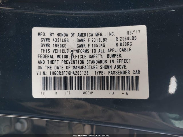 46059037 :رقم المزاد ، 1HGCR2F76HA203128 vin ، 2017 Honda Accord Ex مزاد بيع