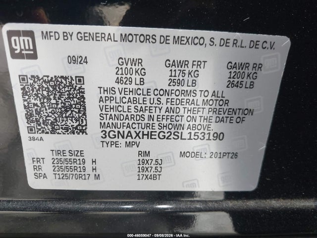 46059047 :رقم المزاد ، 3GNAXHEG2SL153190 vin ، 2025 Chevrolet Equinox Fwd Lt مزاد بيع