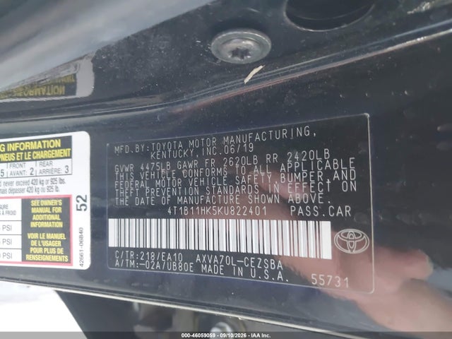 Продаж на аукціоні авто 2019 Toyota Camry L/le/se/xle, vin: 4T1B11HK5KU822401, номер лоту: 46059059