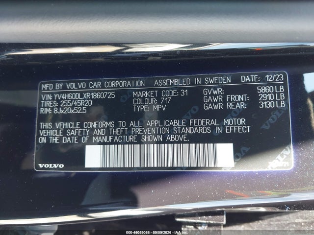 Aukcja sprzedaży 2024 Volvo Xc60 Recharge Plug-in Hybrid T8 Plus Dark Theme, vin: YV4H60DLXR1860725, numer aukcji: 46059068