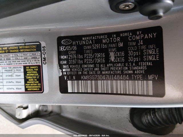 46059080 :رقم المزاد ، KM8SG73D47U148484 vin ، 2007 Hyundai Santa Fe Gls مزاد بيع
