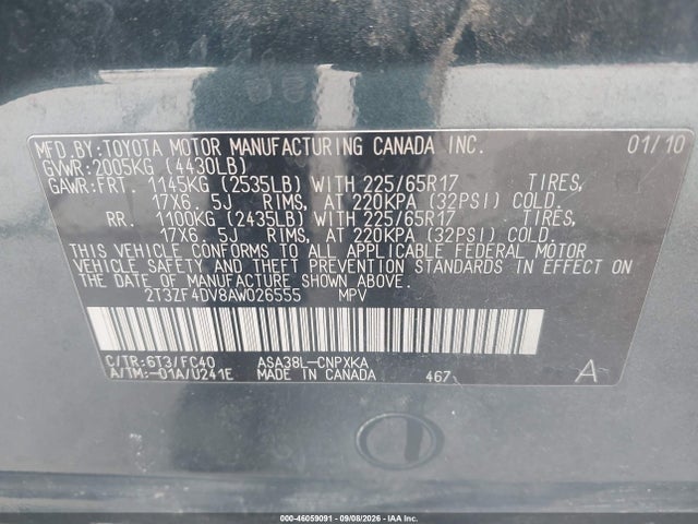46059091 :رقم المزاد ، 2T3ZF4DV8AW026555 vin ، 2010 Toyota Rav4 مزاد بيع