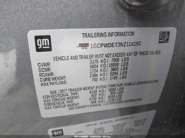 46059095 :رقم المزاد ، 1GCPWDET3NZ114150 vin ، 2022 Chevrolet Silverado 1500 Ltd 2wd  Short Bed Rst مزاد بيع