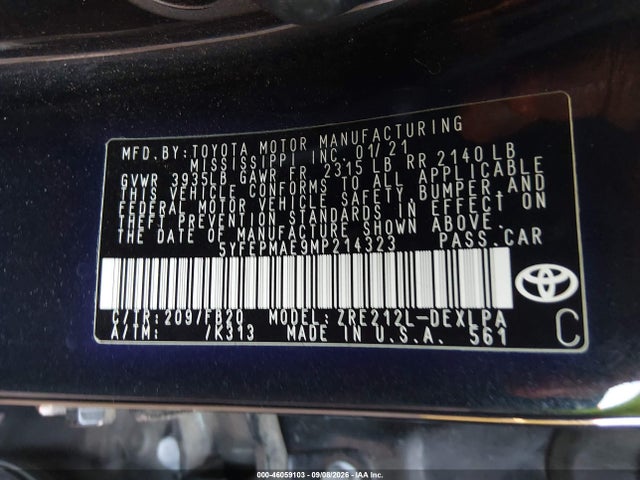 Продаж на аукціоні авто 2021 Toyota Corolla Le, vin: 5YFEPMAE9MP214323, номер лоту: 46059103