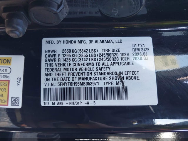 Продаж на аукціоні авто 2021 Honda Pilot Awd Touring 8 Passenger, vin: 5FNYF6H95MB053971, номер лоту: 46059106