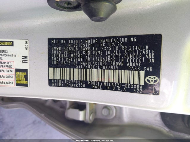 2020 Toyota Corolla Se Nightshade Edition მანქანა იყიდება აუქციონზე, vin: 5YFS4RCE1LP047945, აუქციონის ნომერი: 46059111