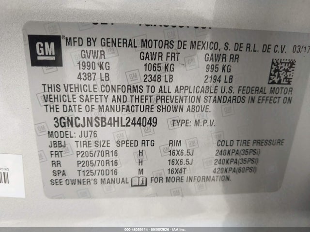 Chevrolet TRAX LS 2017 3GNCJNSB4HL244049 Image 9