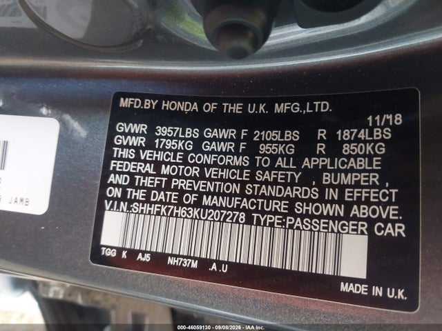 Honda CIVIC EX 2019 SHHFK7H63KU207278 Image 9