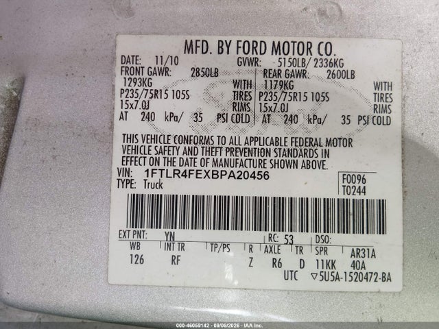 2011 Ford Ranger Xlt მანქანა იყიდება აუქციონზე, vin: 1FTLR4FEXBPA20456, აუქციონის ნომერი: 46059142