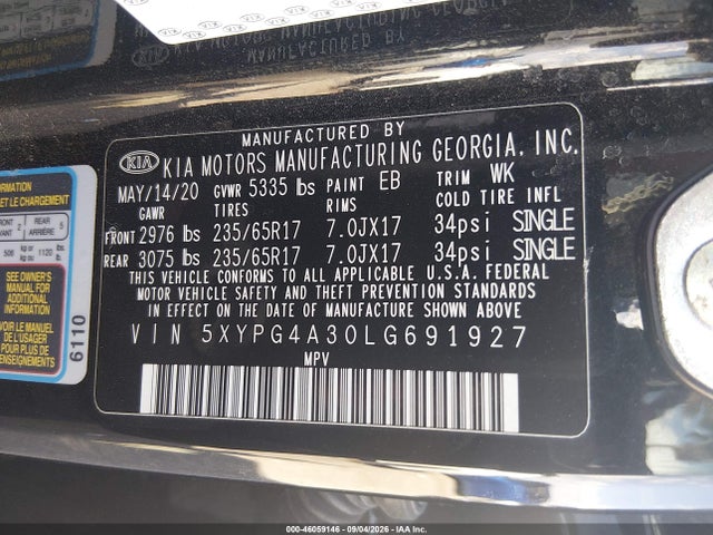 Aukcja sprzedaży 2020 Kia Sorento 2.4l Lx, vin: 5XYPG4A30LG691927, numer aukcji: 46059146