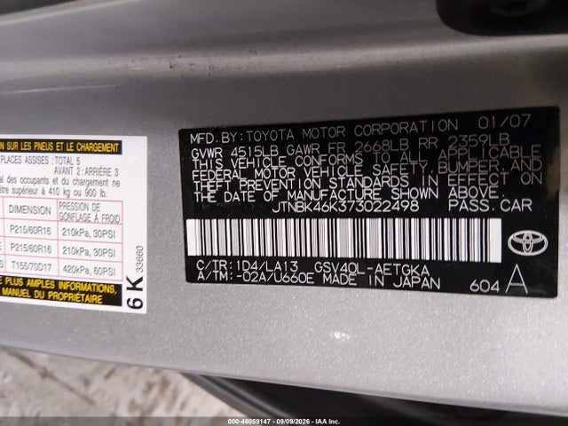 Продажа на аукционе авто 2007 Toyota Camry Xle V6, vin: JTNBK46K373022498, номер лота: 46059147
