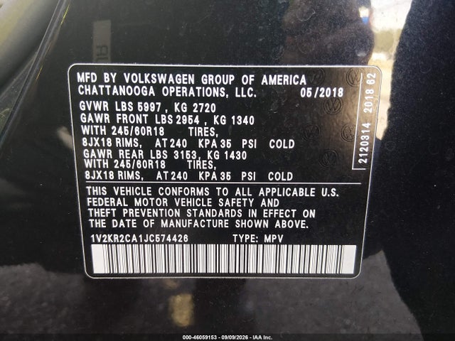Продаж на аукціоні авто 2018 Volkswagen Atlas 3.6l V6 Se, vin: 1V2KR2CA1JC574426, номер лоту: 46059153