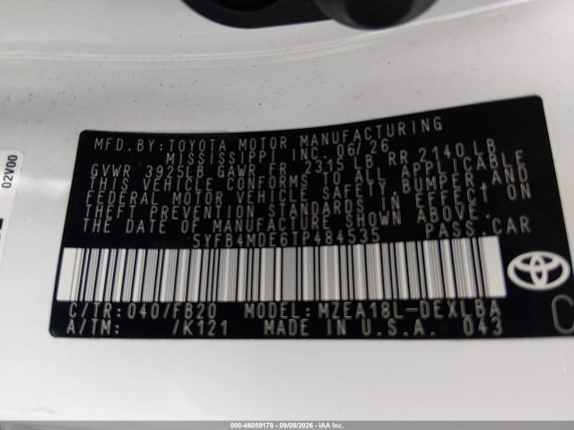 46059178 :رقم المزاد ، 5YFB4MDE6TP484535 vin ، 2026 Toyota Corolla Le مزاد بيع