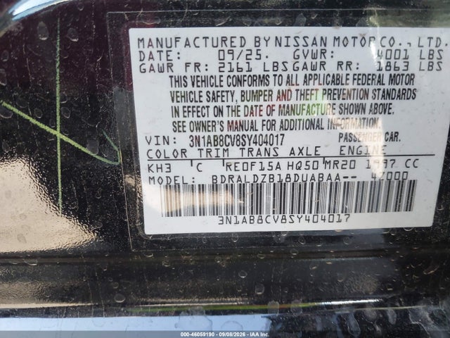 Продаж на аукціоні авто 2025 Nissan Sentra Sv, vin: 3N1AB8CV8SY404017, номер лоту: 46059190