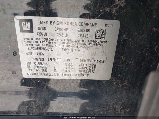 2017 Buick Encore Preferred მანქანა იყიდება აუქციონზე, vin: KL4CJASB6HB043105, აუქციონის ნომერი: 46059197
