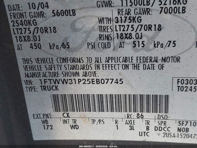 Продажа на аукционе авто 2005 Ford F-350 Lariat/xl/xlt, vin: 1FTWW31P25EB07745, номер лота: 46059217